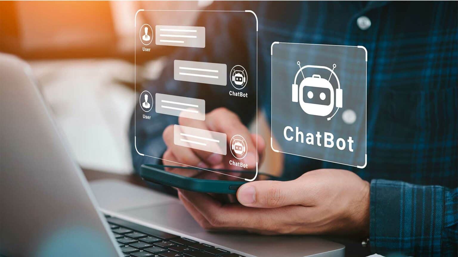 A person using a personal computer to chat with a chatbot.