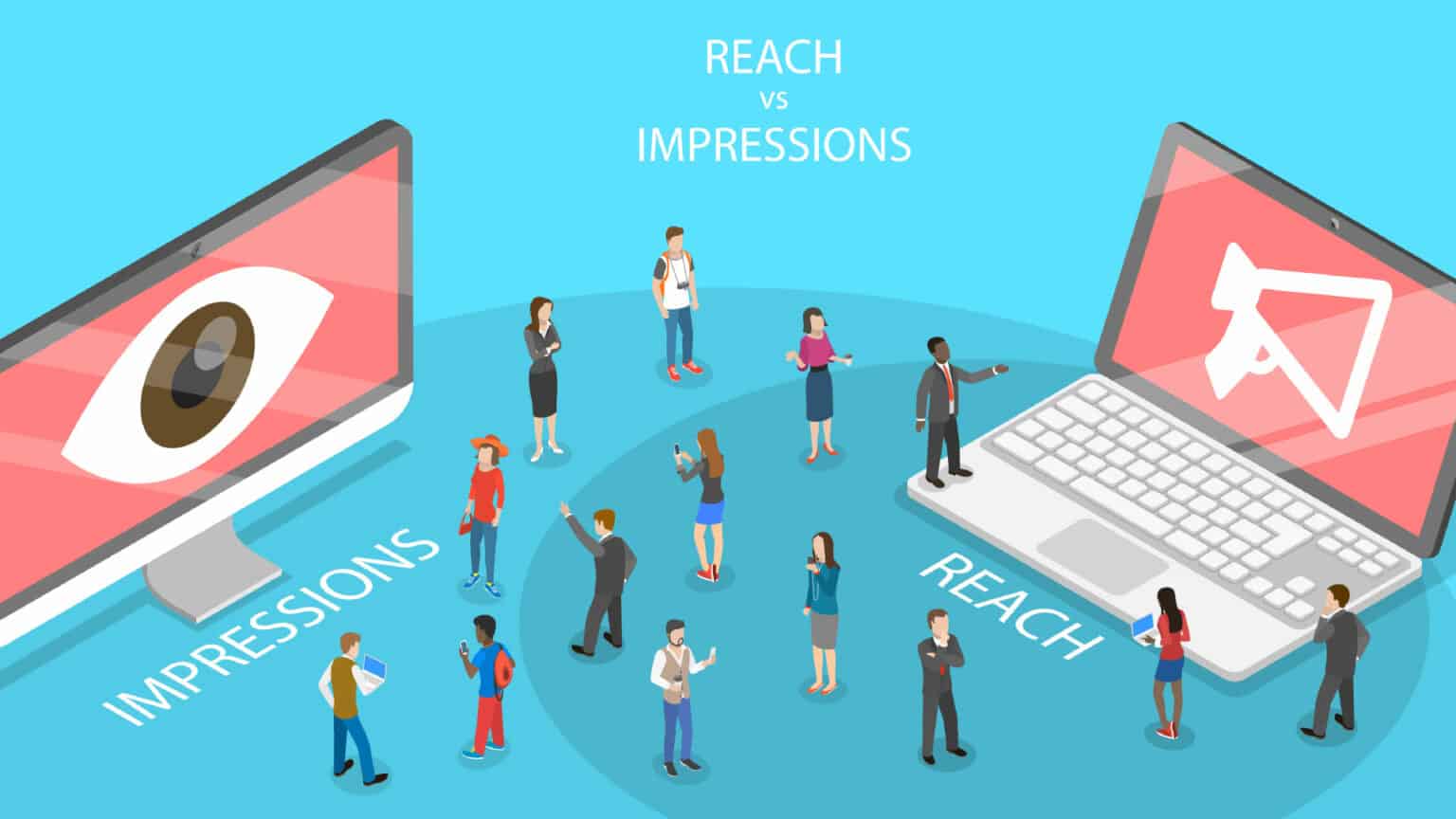 vector illustration showing the difference between reach and impressions in digital advertising